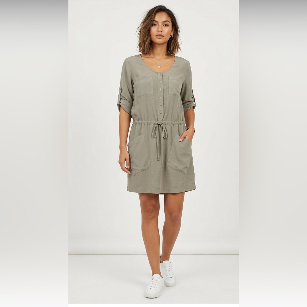 Club Monaco 100% Silk Utility Mini Shirt Dress Size 2 Green Minimalist